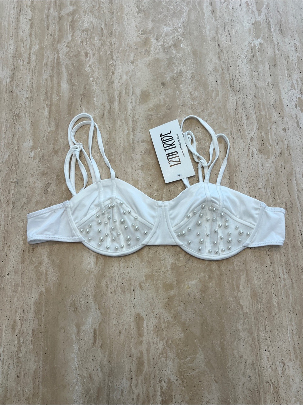 12th Tribe White Pearl-Studded Double-Strap Bralette